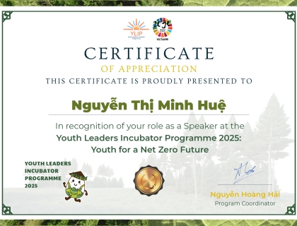 Certificate of Appreciation in Recognition of Speaker Role for KLINOVA staff - Youth Leaders Incubator Programme 2025